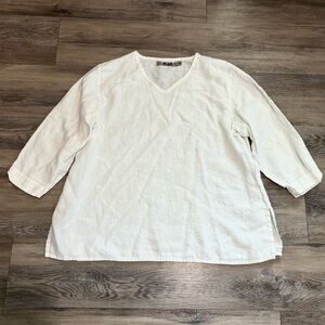 FLAX off white 100% linen v neck oversized 3/4 length sleeve top size Medium